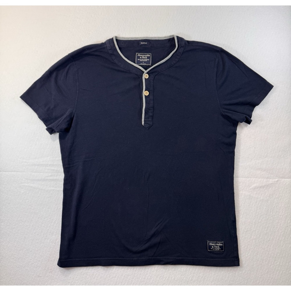 Abercrombie & Fitch Muscle Henley Mens L Blue Short Sleeve Preppy Casual Logo
